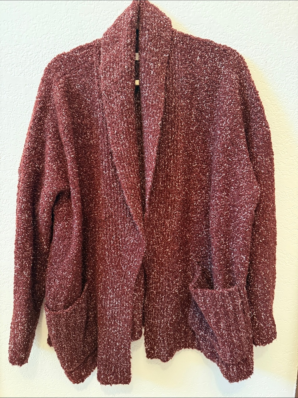LOFT Women’s Cozy Women's Open-Front Burgundy Bouclé Cardigan